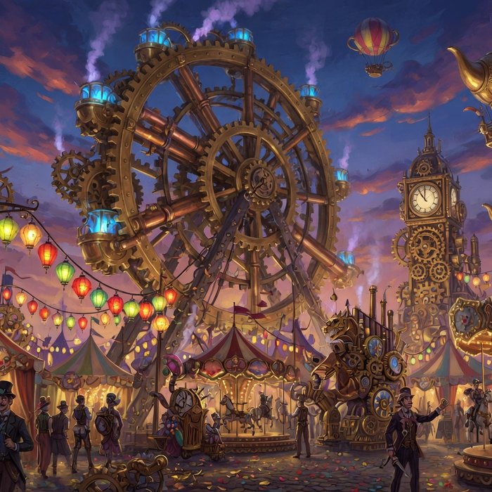 Clockwork Carnival slot game art, steampunk theme