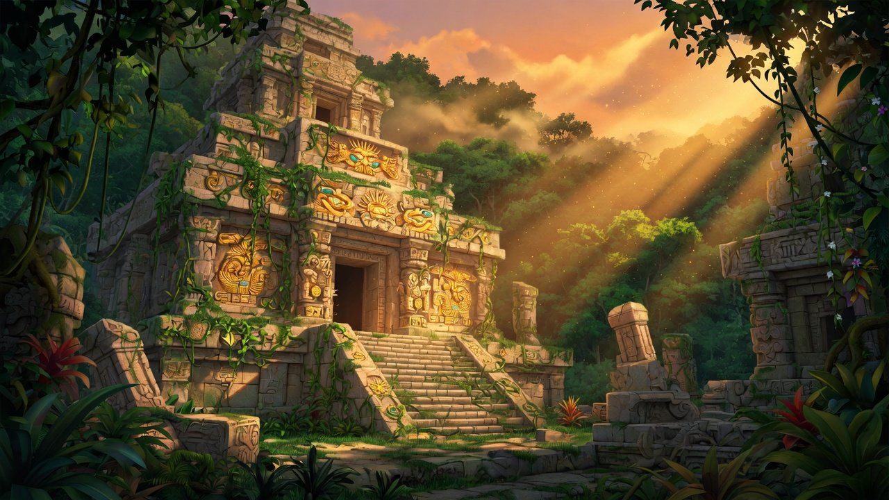 Sun-drenched ancient jungle temple ruins covered in emerald vines with glowing golden carvings